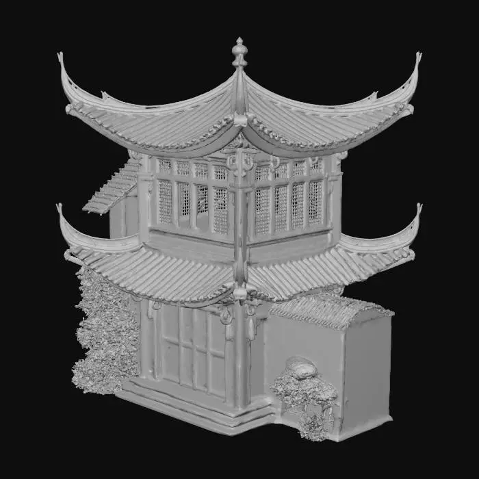 3D model for Low poly Vietnamese ancient house with curved roof and brick yard, RPG game asset