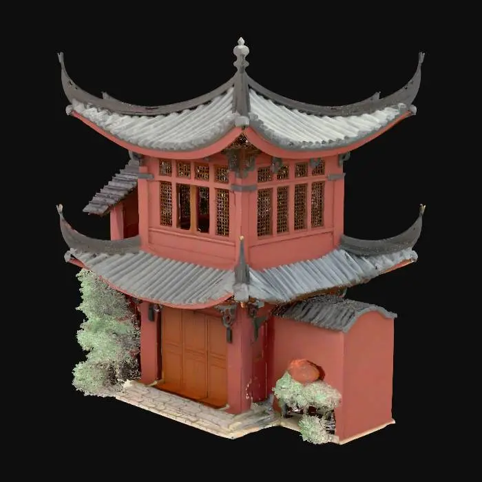 3D model for Low poly Vietnamese ancient house with curved roof and brick yard, RPG game asset