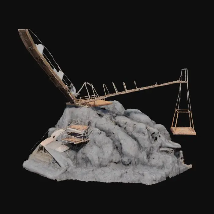 3D model for a very very long bridge that tilts and extends , the material is made out of volcanic rocks and metal 