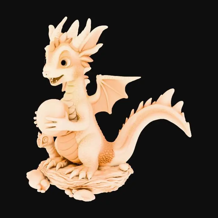 3D model for a cute dragon sitting with a dragon egg in  his hands and a baby drgon sitting on his feet. all on a nest like base. the dragon and egg must be real detaild. design to make printing with as litle as posible suports