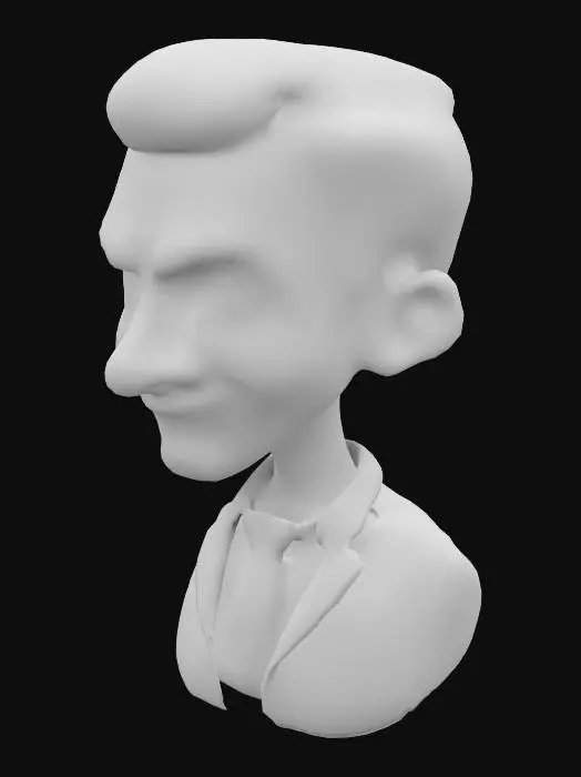 3D model for portrait of Emmanuel Macron from the front, cartoon style, with a stylized and disproportionate head: the top of the skull is exaggeratedly broad and domed, while the lower part of the face is thinner and tapered. His eyes are large, dark, and intense, with a subtle glow that adds a slightly ominous or menacing touch. a mischievous or cunning expression, while remaining recognizable. The style is colorful, with dynamic shadows