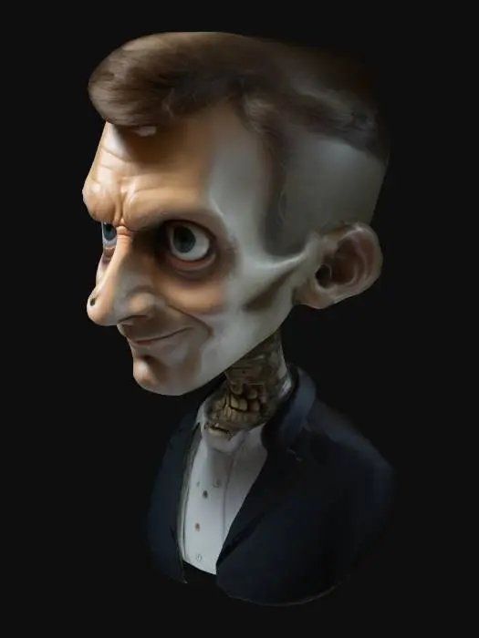 3D model for portrait of Emmanuel Macron from the front, cartoon style, with a stylized and disproportionate head: the top of the skull is exaggeratedly broad and domed, while the lower part of the face is thinner and tapered. His eyes are large, dark, and intense, with a subtle glow that adds a slightly ominous or menacing touch. a mischievous or cunning expression, while remaining recognizable. The style is colorful, with dynamic shadows