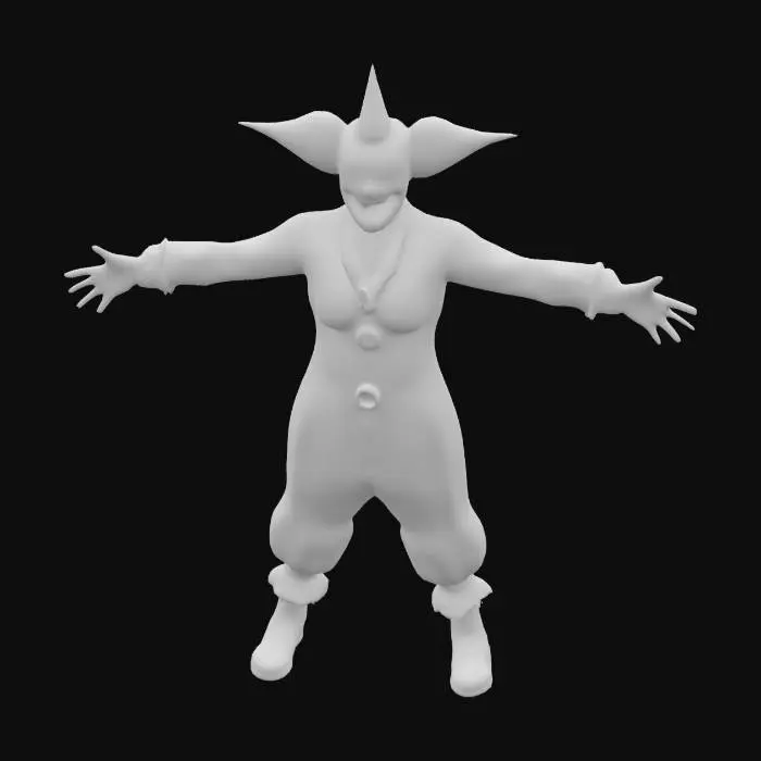 3D model for demonic clown character, inspired by Art the Clown, terrifying wide grin with sharp sharp teeth, monstrous smile, full body, 3d, low poly, solid colors, dark horror style, dominant red and black colors, evil horned hat like devil horns, eerie halloween vibe, glowing evil eyes, T-pose