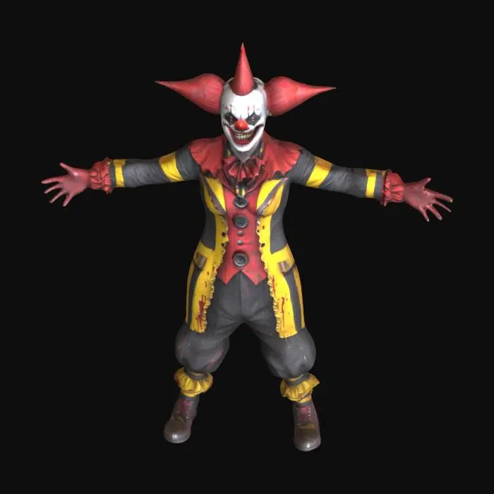 3D model for demonic clown character, inspired by Art the Clown, terrifying wide grin with sharp sharp teeth, monstrous smile, full body, 3d, low poly, solid colors, dark horror style, dominant red and black colors, evil horned hat like devil horns, eerie halloween vibe, glowing evil eyes, T-pose