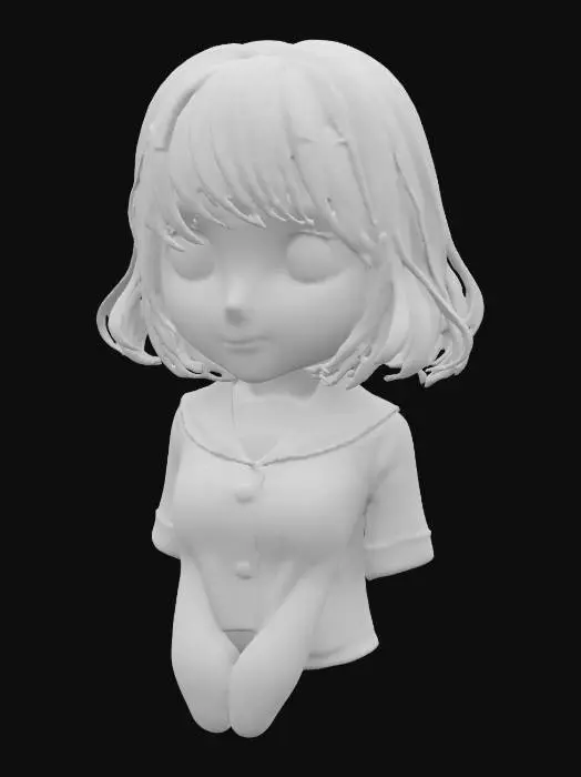3D model for Cute Japanese anime style female character bust, sweet face, vibrant and expressive, highly detailed facial features, large sparkling eyes, tiny button nose, rosy cheeks, neutral expression, bob cut hair, wearing a school uniform blouse, slightly sharp jawline, intricate hair strands, subtle skin texture, upper body only, smooth surface, soft studio lighting, high-quality 3D model render, suitable for 3D printing