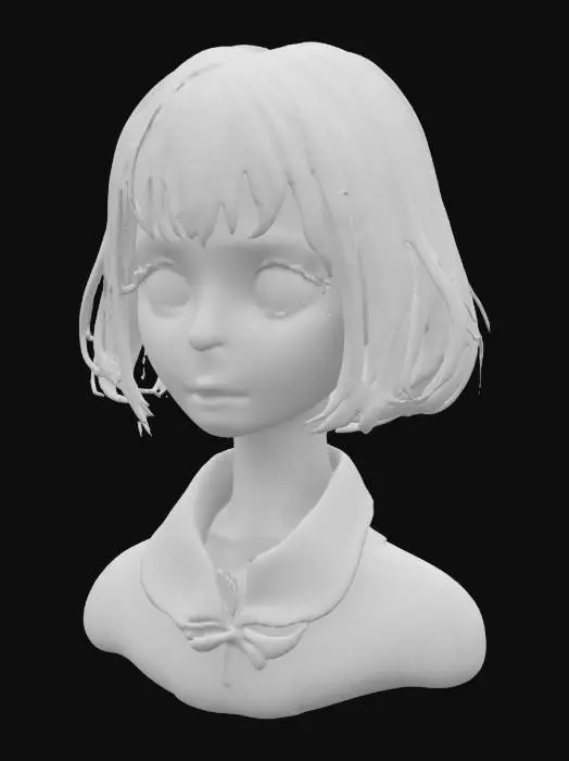3D model for Cute Japanese anime style female character bust, **beautifully proportioned adorable face**, **perfectly symmetrical features**, vibrant and expressive, highly detailed facial features, large sparkling eyes, tiny button nose, rosy cheeks, neutral expression, bob cut hair, wearing a school uniform blouse, slightly sharp jawline, intricate hair strands, **flawless smooth skin**, soft studio lighting, high-quality 3D model render, suitable for 3D printing, upper body only