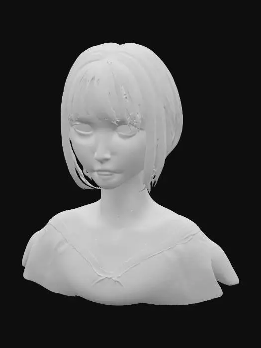 3D model for Masterpiece quality, highly detailed, exquisite, perfect, adorable, beautiful Japanese anime girl bust, flawlessly sculpted harmonious face, perfectly symmetrical charming features, large, luminous, radiant, innocent anime eyes with sharp, distinct sparkling highlights and crystal-clear pupils, dainty button nose, sweetly curved small mouth with delicate lips, softly rounded adorable cheeks with subtle blush and gentle contours, smooth, pristine, translucent porcelain skin, gently defined delicate jawline with a graceful chin curve, neutral expression, immaculate bob cut hair with natural flow, neatly tailored school uniform blouse, upper body only, no full body, no legs, no lower body, professional studio lighting, clean elegant design, ready for 3D printing, photorealistic 3D render.