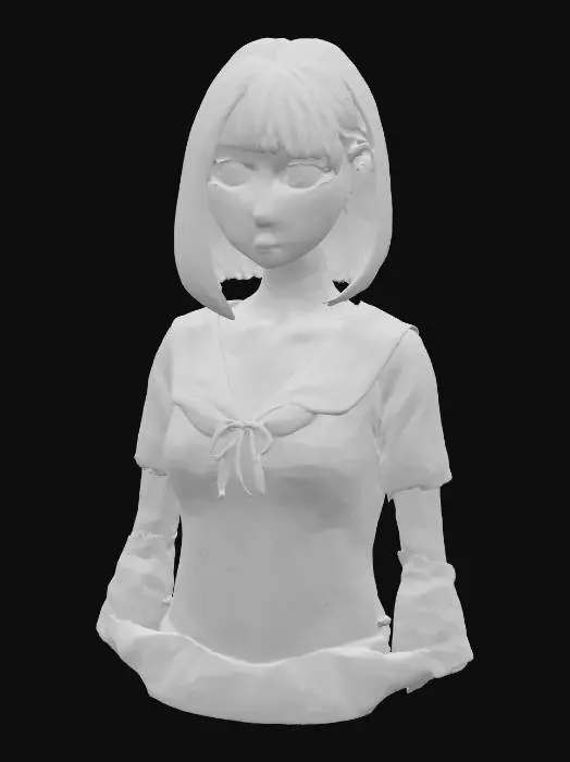 3D model for Masterpiece quality, highly detailed, exquisite, perfect, adorable, beautiful Japanese anime girl bust, flawlessly sculpted harmonious face, perfectly symmetrical charming features, large, luminous, radiant, innocent anime eyes with sharp, distinct sparkling highlights and crystal-clear pupils, dainty button nose, sweetly curved small mouth with delicate lips, softly rounded adorable cheeks with subtle blush and gentle contours, smooth, pristine, translucent porcelain skin, gently defined delicate jawline with a graceful chin curve, neutral expression, immaculate bob cut hair with natural flow, neatly tailored school uniform blouse, upper body only, no full body, no legs, no lower body, professional studio lighting, clean elegant design, ready for 3D printing, photorealistic 3D render.