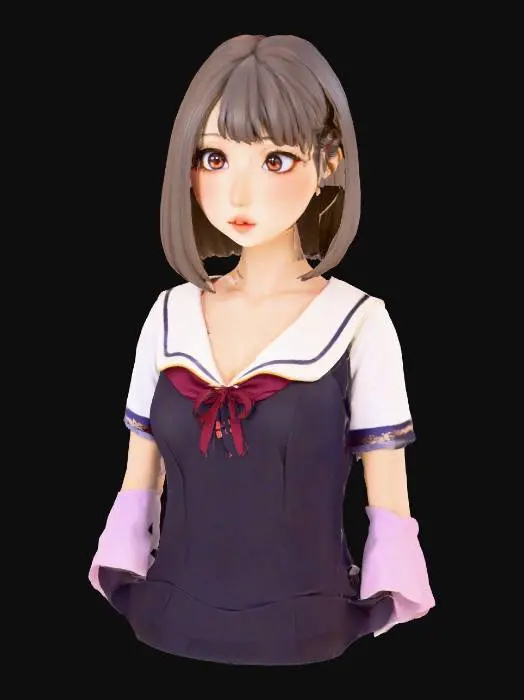 3D model for Masterpiece quality, highly detailed, exquisite, perfect, adorable, beautiful Japanese anime girl bust, flawlessly sculpted harmonious face, perfectly symmetrical charming features, large, luminous, radiant, innocent anime eyes with sharp, distinct sparkling highlights and crystal-clear pupils, dainty button nose, sweetly curved small mouth with delicate lips, softly rounded adorable cheeks with subtle blush and gentle contours, smooth, pristine, translucent porcelain skin, gently defined delicate jawline with a graceful chin curve, neutral expression, immaculate bob cut hair with natural flow, neatly tailored school uniform blouse, upper body only, no full body, no legs, no lower body, professional studio lighting, clean elegant design, ready for 3D printing, photorealistic 3D render.