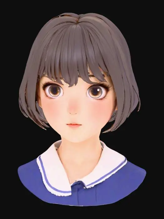3D model for **Extremely cute beautiful Japanese anime girl bust**, **perfect adorable face**, **large sparkling anime eyes**, **tiny cute nose**, **sweet small mouth**, **soft round cheeks**, **smooth symmetrical features**, neutral expression, bob cut hair, wearing a school uniform blouse, **subtly defined jawline**, high-quality 3D model render, suitable for 3D printing, upper body only, clean design, studio lighting