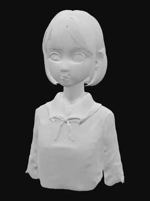 3D model for Extremely cute adorable beautiful Japanese anime girl bust, perfectly sculpted face with ideal proportions, highly expressive and symmetrical features, large sparkling luminous anime eyes with prominent white highlights, delicate tiny button nose, sweetly curved small mouth, softly rounded adorable cheeks, smooth porcelain skin, subtly defined delicate jawline, neutral expression, perfect bob cut hair, wearing a school uniform blouse, high-quality 3D model render, suitable for 3D printing, upper body only, no full body, no legs, studio lighting