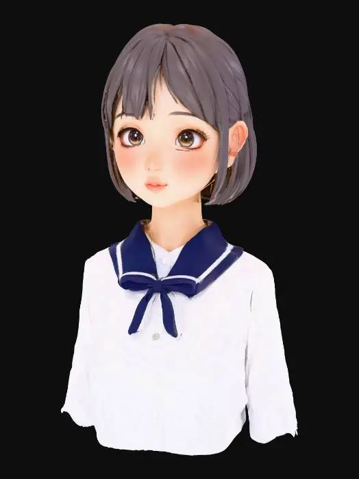 3D model for Extremely cute adorable beautiful Japanese anime girl bust, perfectly sculpted face with ideal proportions, highly expressive and symmetrical features, large sparkling luminous anime eyes with prominent white highlights, delicate tiny button nose, sweetly curved small mouth, softly rounded adorable cheeks, smooth porcelain skin, subtly defined delicate jawline, neutral expression, perfect bob cut hair, wearing a school uniform blouse, high-quality 3D model render, suitable for 3D printing, upper body only, no full body, no legs, studio lighting