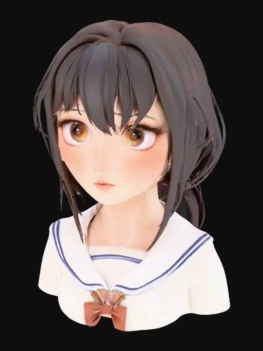 3D model for Exquisite cute adorable beautiful Japanese anime girl bust, perfectly sculpted delicate face with harmonious proportions, highly expressive, luminous, and symmetrical features, large radiant anime eyes with distinct sparkling highlights and clear pupils, dainty button nose, sweetly defined small mouth with a gentle curve, softly rounded adorable cheeks with subtle shading, smooth translucent porcelain skin, gently defined delicate jawline, neutral expression, flawless bob cut hair, wearing a neatly collared school uniform blouse, high-quality 3D model render, suitable for 3D printing, upper body only, no full body, no legs, professional studio lighting