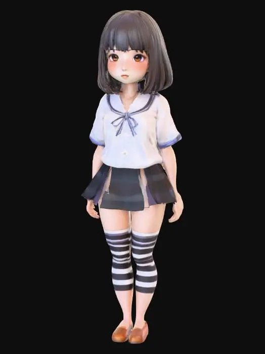 3D model for Exquisite cute adorable beautiful Japanese anime girl bust, perfectly sculpted delicate face with harmonious proportions, highly expressive, luminous, and symmetrical features, large radiant anime eyes with distinct sparkling highlights and clear pupils, dainty button nose, sweetly defined small mouth with a gentle curve, softly rounded adorable cheeks with subtle shading, smooth translucent porcelain skin, gently defined delicate jawline, neutral expression, flawless bob cut hair, wearing a neatly collared school uniform blouse, high-quality 3D model render, suitable for 3D printing, upper body only, no full body, no legs, professional studio lighting