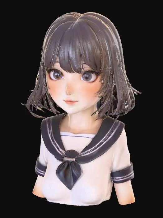 3D model for Exquisite cute adorable beautiful Japanese anime girl bust, perfectly sculpted delicate face with harmonious proportions, highly expressive, luminous, and symmetrical features, large radiant anime eyes with distinct sparkling highlights and clear pupils, dainty button nose, sweetly defined small mouth with a gentle curve, softly rounded adorable cheeks with subtle shading, smooth translucent porcelain skin, gently defined delicate jawline, neutral expression, flawless bob cut hair, wearing a neatly collared school uniform blouse, high-quality 3D model render, suitable for 3D printing, upper body only, no full body, no legs, professional studio lighting
