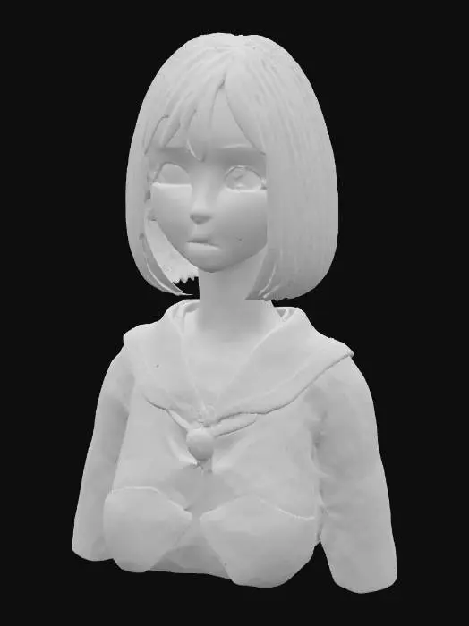 3D model for Masterpiece quality, highly detailed, exquisite, perfect, adorable, beautiful Japanese anime girl bust, flawlessly sculpted harmonious face, perfectly symmetrical charming features, large, luminous, radiant, innocent anime eyes with sharp, distinct sparkling highlights and crystal-clear pupils, dainty button nose, sweetly curved small mouth with delicate lips, softly rounded adorable cheeks with subtle blush and gentle contours, smooth, pristine, translucent porcelain skin, gently defined delicate jawline with a graceful chin curve, neutral expression, immaculate bob cut hair with natural flow, neatly tailored school uniform blouse, upper body only, no full body, no legs, no lower body, professional studio lighting, clean elegant design, ready for 3D printing, photorealistic 3D render.
