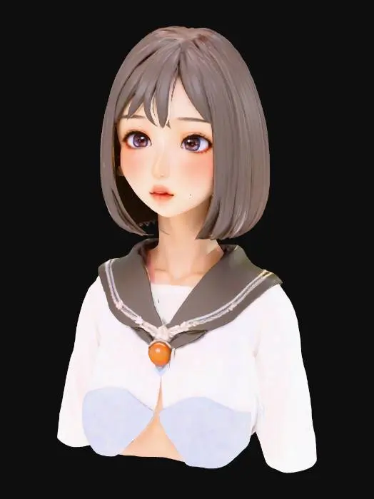 3D model for Masterpiece quality, highly detailed, exquisite, perfect, adorable, beautiful Japanese anime girl bust, flawlessly sculpted harmonious face, perfectly symmetrical charming features, large, luminous, radiant, innocent anime eyes with sharp, distinct sparkling highlights and crystal-clear pupils, dainty button nose, sweetly curved small mouth with delicate lips, softly rounded adorable cheeks with subtle blush and gentle contours, smooth, pristine, translucent porcelain skin, gently defined delicate jawline with a graceful chin curve, neutral expression, immaculate bob cut hair with natural flow, neatly tailored school uniform blouse, upper body only, no full body, no legs, no lower body, professional studio lighting, clean elegant design, ready for 3D printing, photorealistic 3D render.