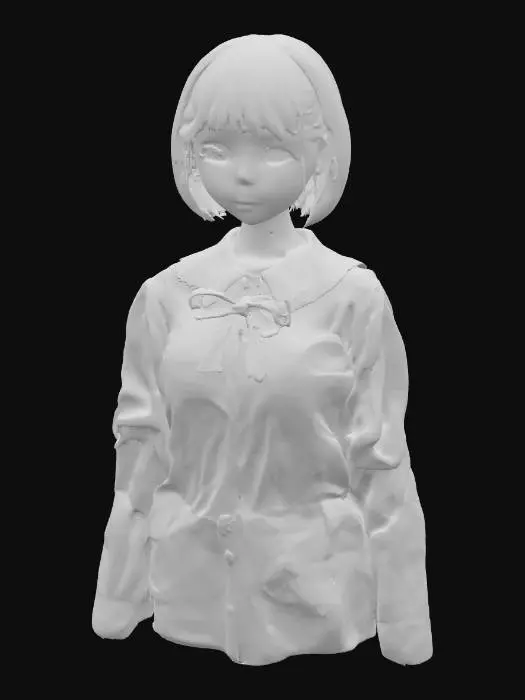 3D model for Masterpiece quality, highly detailed, exquisite, perfect, adorable, beautiful Japanese anime girl bust, flawlessly sculpted harmonious face, perfectly symmetrical charming features, large, luminous, radiant, innocent anime eyes with sharp, distinct sparkling highlights and crystal-clear pupils, dainty button nose, sweetly curved small mouth with delicate lips, softly rounded adorable cheeks with subtle blush and gentle contours, smooth, pristine, translucent porcelain skin, gently defined delicate jawline with a graceful chin curve, neutral expression, immaculate bob cut hair with natural flow, neatly tailored school uniform blouse, upper body only, no full body, no legs, no lower body, professional studio lighting, clean elegant design, ready for 3D printing, photorealistic 3D render.