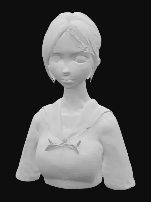 3D model for Masterpiece quality, highly detailed, exquisite, perfect, adorable, beautiful Japanese anime girl bust, flawlessly sculpted harmonious face, perfectly symmetrical charming features, large, luminous, radiant, innocent anime eyes with sharp, distinct sparkling highlights and crystal-clear pupils, dainty button nose, sweetly curved small mouth with delicate lips, softly rounded adorable cheeks with subtle blush and gentle contours, smooth, pristine, translucent porcelain skin, gently defined delicate jawline with a graceful chin curve, neutral expression, immaculate bob cut hair with natural flow, neatly tailored school uniform blouse, upper body only, no full body, no legs, no lower body, professional studio lighting, clean elegant design, ready for 3D printing, photorealistic 3D render.