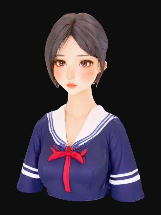 3D model for Masterpiece quality, highly detailed, exquisite, perfect, adorable, beautiful Japanese anime girl bust, flawlessly sculpted harmonious face, perfectly symmetrical charming features, large, luminous, radiant, innocent anime eyes with sharp, distinct sparkling highlights and crystal-clear pupils, dainty button nose, sweetly curved small mouth with delicate lips, softly rounded adorable cheeks with subtle blush and gentle contours, smooth, pristine, translucent porcelain skin, gently defined delicate jawline with a graceful chin curve, neutral expression, immaculate bob cut hair with natural flow, neatly tailored school uniform blouse, upper body only, no full body, no legs, no lower body, professional studio lighting, clean elegant design, ready for 3D printing, photorealistic 3D render.