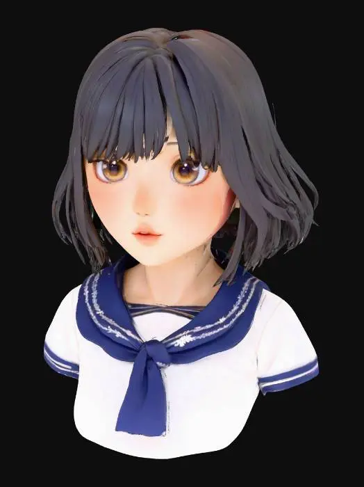 3D model for Masterpiece quality, highly detailed, exquisite, perfect, adorable, beautiful Japanese anime girl bust, flawlessly sculpted harmonious face, perfectly symmetrical charming features, large, luminous, radiant, innocent anime eyes with sharp, distinct sparkling highlights and crystal-clear pupils, dainty button nose, sweetly curved small mouth with delicate lips, softly rounded adorable cheeks with subtle blush and gentle contours, smooth, pristine, translucent porcelain skin, gently defined delicate jawline with a graceful chin curve, neutral expression, immaculate bob cut hair with natural flow, neatly tailored school uniform blouse, upper body only, no full body, no legs, no lower body, professional studio lighting, clean elegant design, ready for 3D printing, photorealistic 3D render.
