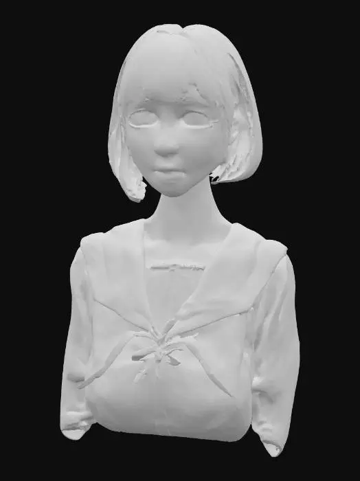 3D model for Masterpiece quality, highly detailed, exquisite, perfect, adorable, beautiful Japanese anime girl bust, flawlessly sculpted harmonious face, perfectly symmetrical charming features, large, luminous, radiant, innocent anime eyes with sharp, distinct sparkling highlights and crystal-clear pupils, dainty button nose, sweetly curved small mouth with delicate lips, softly rounded adorable cheeks with subtle blush and gentle contours, smooth, pristine, translucent porcelain skin, gently defined delicate jawline with a graceful chin curve, neutral expression, immaculate bob cut hair with natural flow, neatly tailored school uniform blouse, upper body only, no full body, no legs, no lower body, professional studio lighting, clean elegant design, ready for 3D printing, photorealistic 3D render.