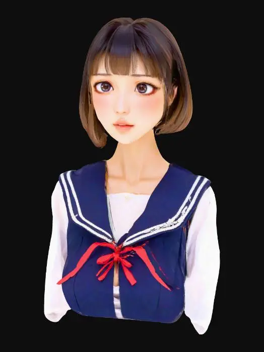 3D model for Masterpiece quality, highly detailed, exquisite, perfect, adorable, beautiful Japanese anime girl bust, flawlessly sculpted harmonious face, perfectly symmetrical charming features, large, luminous, radiant, innocent anime eyes with sharp, distinct sparkling highlights and crystal-clear pupils, dainty button nose, sweetly curved small mouth with delicate lips, softly rounded adorable cheeks with subtle blush and gentle contours, smooth, pristine, translucent porcelain skin, gently defined delicate jawline with a graceful chin curve, neutral expression, immaculate bob cut hair with natural flow, neatly tailored school uniform blouse, upper body only, no full body, no legs, no lower body, professional studio lighting, clean elegant design, ready for 3D printing, photorealistic 3D render.
