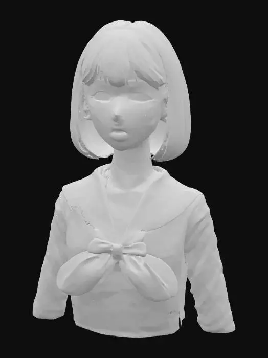 3D model for Masterpiece quality, highly detailed, exquisite, perfect, adorable, beautiful Japanese anime girl bust, flawlessly sculpted harmonious face, perfectly symmetrical charming features, large, luminous, radiant, innocent anime eyes with sharp, distinct sparkling highlights and crystal-clear pupils, dainty button nose, sweetly curved small mouth with delicate lips, softly rounded adorable cheeks with subtle blush and gentle contours, smooth, pristine, translucent porcelain skin, gently defined delicate jawline with a graceful chin curve, neutral expression, immaculate bob cut hair with natural flow, neatly tailored school uniform blouse, upper body only, no full body, no legs, no lower body, professional studio lighting, clean elegant design, ready for 3D printing, photorealistic 3D render.