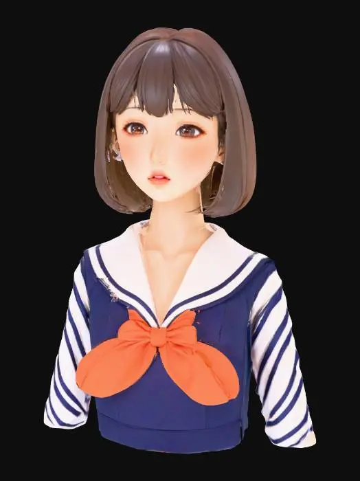 3D model for Masterpiece quality, highly detailed, exquisite, perfect, adorable, beautiful Japanese anime girl bust, flawlessly sculpted harmonious face, perfectly symmetrical charming features, large, luminous, radiant, innocent anime eyes with sharp, distinct sparkling highlights and crystal-clear pupils, dainty button nose, sweetly curved small mouth with delicate lips, softly rounded adorable cheeks with subtle blush and gentle contours, smooth, pristine, translucent porcelain skin, gently defined delicate jawline with a graceful chin curve, neutral expression, immaculate bob cut hair with natural flow, neatly tailored school uniform blouse, upper body only, no full body, no legs, no lower body, professional studio lighting, clean elegant design, ready for 3D printing, photorealistic 3D render.