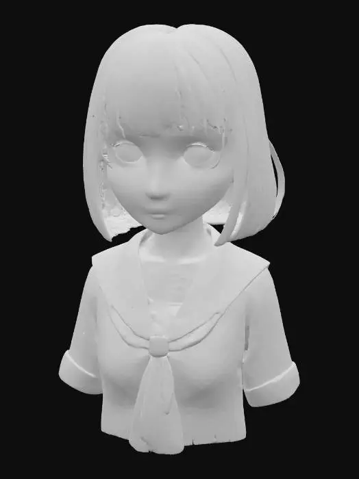 3D model for Exquisite cute adorable beautiful Japanese anime girl bust, perfectly sculpted delicate face with harmonious proportions, highly expressive, luminous, and symmetrical features, large radiant anime eyes with distinct sparkling highlights and clear pupils, dainty button nose, sweetly defined small mouth with a gentle curve, softly rounded adorable cheeks with subtle shading, smooth translucent porcelain skin, gently defined delicate jawline, neutral expression, flawless bob cut hair, wearing a neatly collared school uniform blouse, high-quality 3D model render, suitable for 3D printing, upper body only, no full body, no legs, professional studio lighting