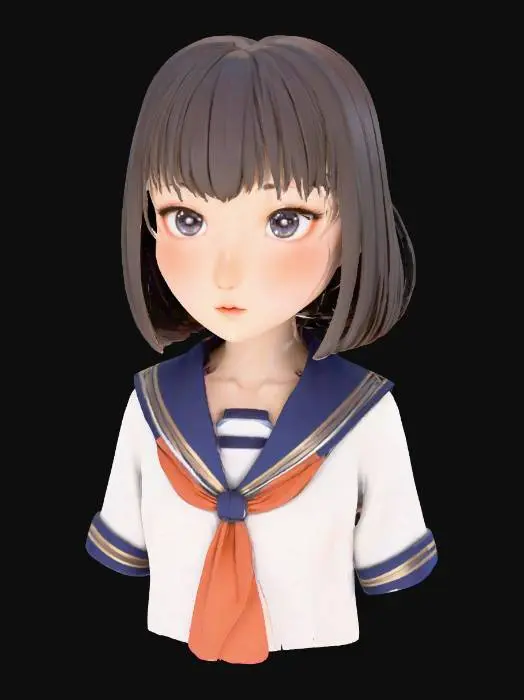 3D model for Exquisite cute adorable beautiful Japanese anime girl bust, perfectly sculpted delicate face with harmonious proportions, highly expressive, luminous, and symmetrical features, large radiant anime eyes with distinct sparkling highlights and clear pupils, dainty button nose, sweetly defined small mouth with a gentle curve, softly rounded adorable cheeks with subtle shading, smooth translucent porcelain skin, gently defined delicate jawline, neutral expression, flawless bob cut hair, wearing a neatly collared school uniform blouse, high-quality 3D model render, suitable for 3D printing, upper body only, no full body, no legs, professional studio lighting