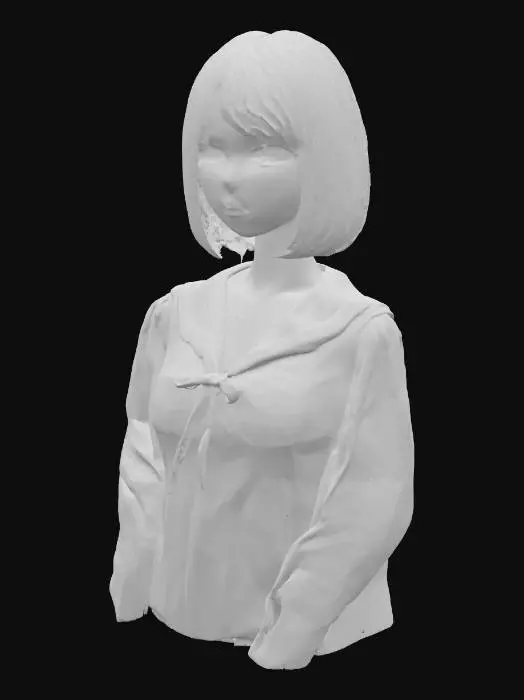 3D model for Exquisite cute adorable beautiful Japanese anime girl bust, perfectly sculpted delicate face with harmonious proportions, highly expressive, luminous, and symmetrical features, large radiant anime eyes with distinct sparkling highlights and clear pupils, dainty button nose, sweetly defined small mouth with a gentle curve, softly rounded adorable cheeks with subtle shading, smooth translucent porcelain skin, gently defined delicate jawline, neutral expression, flawless bob cut hair, wearing a neatly collared school uniform blouse, high-quality 3D model render, suitable for 3D printing, upper body only, no full body, no legs, professional studio lighting