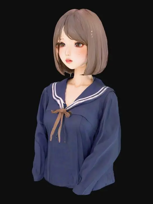 3D model for Exquisite cute adorable beautiful Japanese anime girl bust, perfectly sculpted delicate face with harmonious proportions, highly expressive, luminous, and symmetrical features, large radiant anime eyes with distinct sparkling highlights and clear pupils, dainty button nose, sweetly defined small mouth with a gentle curve, softly rounded adorable cheeks with subtle shading, smooth translucent porcelain skin, gently defined delicate jawline, neutral expression, flawless bob cut hair, wearing a neatly collared school uniform blouse, high-quality 3D model render, suitable for 3D printing, upper body only, no full body, no legs, professional studio lighting
