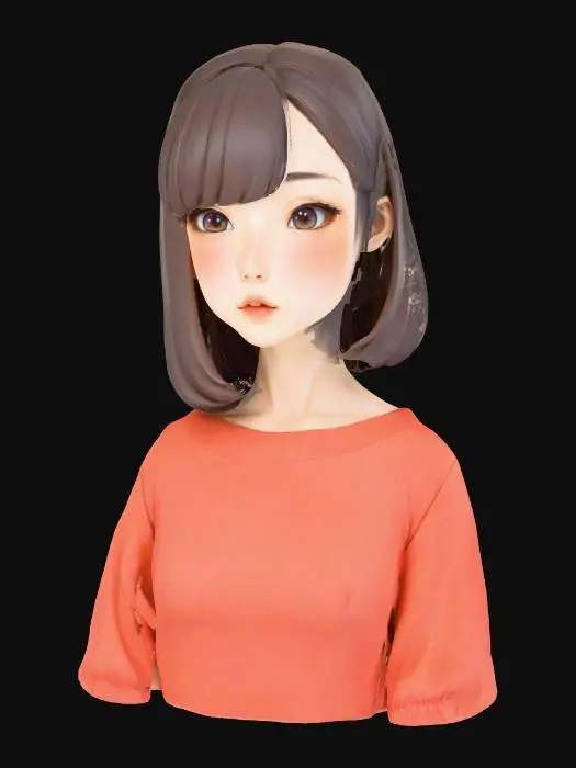 3D model for **Extremely cute adorable beautiful Japanese anime girl bust**, **perfectly sculpted face**, **highly expressive and symmetrical features**, **large luminous anime eyes**, **delicate tiny nose**, **sweetly curved small mouth**, **softly rounded adorable cheeks**, **smooth porcelain skin**, **subtly defined jawline**, neutral expression, perfect bob cut hair, wearing a school uniform blouse, high-quality 3D model render, suitable for 3D printing, upper body only, studio lighting