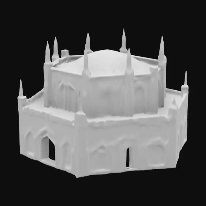 3D model for hexagon on top hexagon with style shown in the picture (Shown in the picture is: first left side from entrence) the top of the building are some wooden beams that are halfly broken heading to the middle top point of the building
