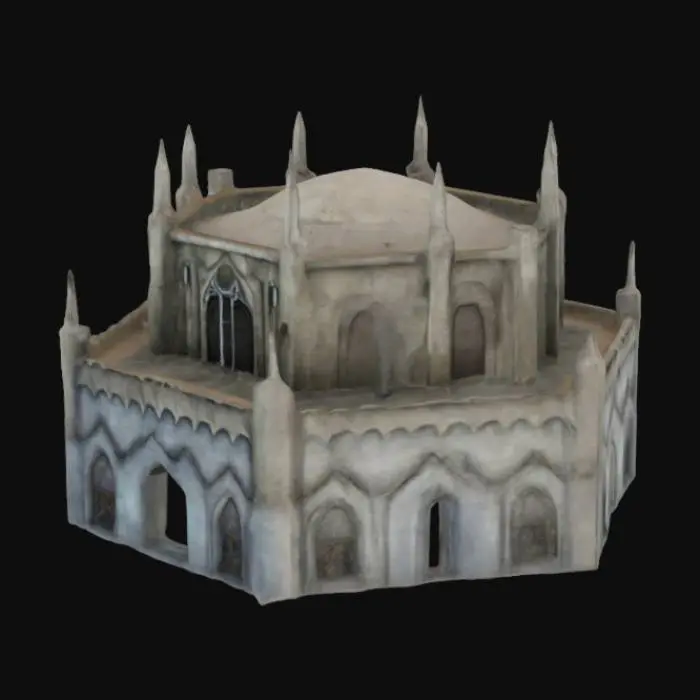 3D model for hexagon on top hexagon with style shown in the picture (Shown in the picture is: first left side from entrence) the top of the building are some wooden beams that are halfly broken heading to the middle top point of the building
