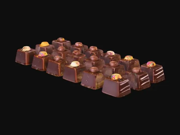3D model for 12 individual luxury squares of chocolate in a row, each with a different topping such as an egg, chocolate drizzled, sprinkles, or a nut