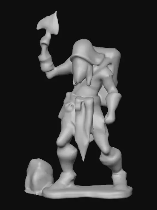 3D model for A petrified fantasy adventurer statue, frozen mid-action in a dynamic fighting pose. Sculpted from grey, coarse-grained sandstone, its surface exhibits extensive weathered damage with chips, cracks, and a rough, eroded texture. Patches of vibrant green moss and pale orange lichen cling organically to its shoulders, shield, and weapon, adding a soft, ancient, and desolate tactile quality to the cold, rigid stone form.