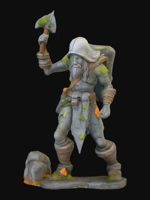 3D model for A petrified fantasy adventurer statue, frozen mid-action in a dynamic fighting pose. Sculpted from grey, coarse-grained sandstone, its surface exhibits extensive weathered damage with chips, cracks, and a rough, eroded texture. Patches of vibrant green moss and pale orange lichen cling organically to its shoulders, shield, and weapon, adding a soft, ancient, and desolate tactile quality to the cold, rigid stone form.