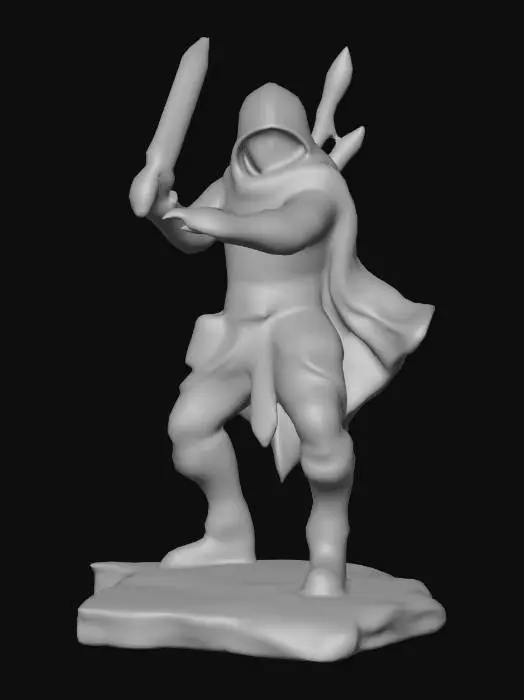 3D model for A petrified fantasy adventurer statue, frozen mid-action in a dynamic fighting pose. Sculpted from grey, coarse-grained sandstone, its surface exhibits extensive weathered damage with chips, cracks, and a rough, eroded texture. Patches of vibrant green moss and pale orange lichen cling organically to its shoulders, shield, and weapon, adding a soft, ancient, and desolate tactile quality to the cold, rigid stone form.