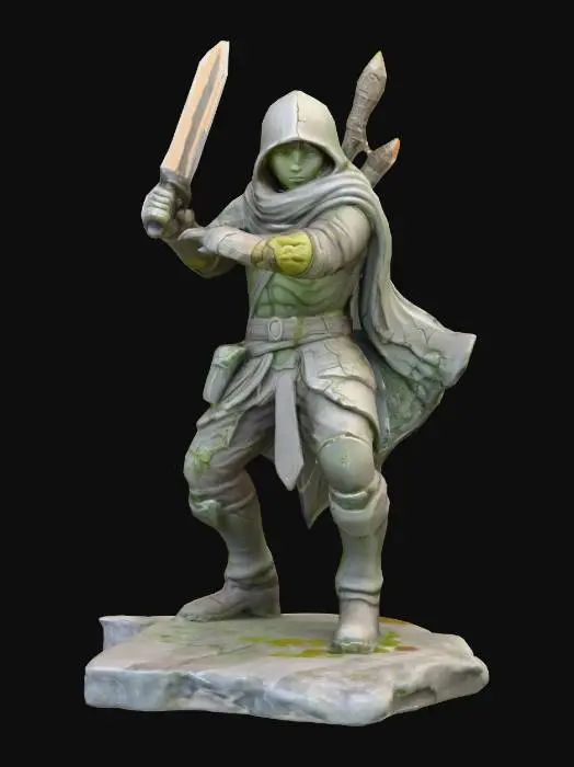 3D model for A petrified fantasy adventurer statue, frozen mid-action in a dynamic fighting pose. Sculpted from grey, coarse-grained sandstone, its surface exhibits extensive weathered damage with chips, cracks, and a rough, eroded texture. Patches of vibrant green moss and pale orange lichen cling organically to its shoulders, shield, and weapon, adding a soft, ancient, and desolate tactile quality to the cold, rigid stone form.