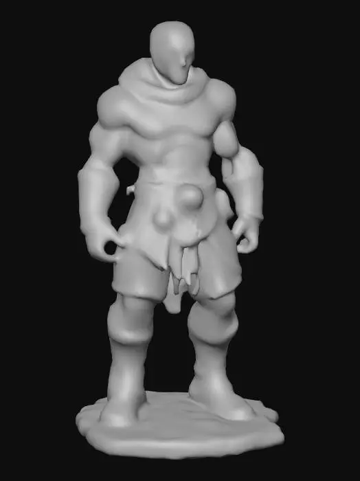 3D model for A petrified fantasy adventurer statue, frozen mid-action in a dynamic fighting pose. Sculpted from grey, coarse-grained sandstone, its surface exhibits extensive weathered damage with chips, cracks, and a rough, eroded texture. Patches of vibrant green moss and pale orange lichen cling organically to its shoulders, shield, and weapon, adding a soft, ancient, and desolate tactile quality to the cold, rigid stone form.