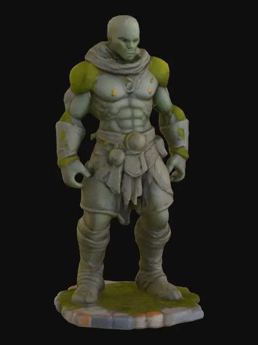 3D model for A petrified fantasy adventurer statue, frozen mid-action in a dynamic fighting pose. Sculpted from grey, coarse-grained sandstone, its surface exhibits extensive weathered damage with chips, cracks, and a rough, eroded texture. Patches of vibrant green moss and pale orange lichen cling organically to its shoulders, shield, and weapon, adding a soft, ancient, and desolate tactile quality to the cold, rigid stone form.