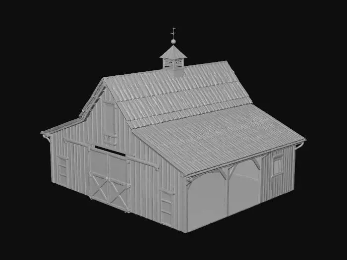 3D model for Create a realistic old American hybrid barn with full interior and exterior geometry. Large red wooden barn made of vertical weathered planks with chipped faded paint, white/gray trims, exposed beams, and rusted metal hardware. Asymmetrical multi-level structure with dark gray shingle roof, slight sag, roof cupola and weather vane. Large sliding double barn doors on metal rails, partially open, plus upper hay loft door with shutters. Side lean-to extension. Interior fully modeled: wooden plank floor, exposed rafters, loft/mezzanine, ladders and stairs, hay bales, barrels, crates, sacks, scattered straw, hanging tools. PBR aged wood and rusted metal materials, real-world scale, game-ready, animatable doors, no characters.