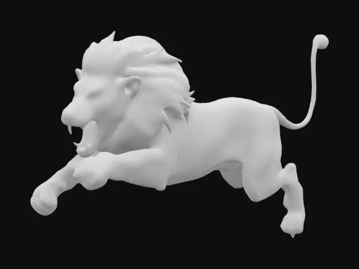 3D model for A fierce male lion leaping forward in mid-attack, with its claws extended and fangs bared, rendered in a bold and dynamic palette of blue, black, and white. The mane flows wildly, creating dramatic motion and energy. The sharp contrasts and sleek lines give the image an intense, almost otherworldly appearance, with a minimal background that emphasizes the lion's raw power and aggression.