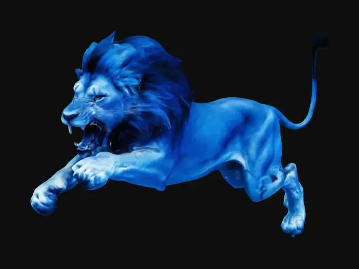3D model for A fierce male lion leaping forward in mid-attack, with its claws extended and fangs bared, rendered in a bold and dynamic palette of blue, black, and white. The mane flows wildly, creating dramatic motion and energy. The sharp contrasts and sleek lines give the image an intense, almost otherworldly appearance, with a minimal background that emphasizes the lion's raw power and aggression.