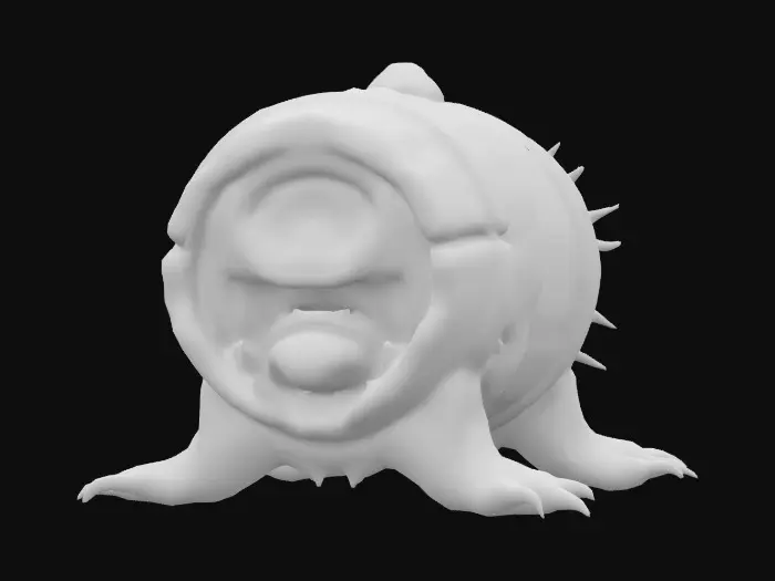 3D model for A monstrous wooden keg with twisted, gnarled planks resembling sinewy muscles, the wood dark and scarred with glowing red cracks that pulse faintly like veins. The metal bands are jagged and spiked, appearing as if they were forged from blackened iron. Sharp teeth surround the spigot, which resembles a snarling maw, dripping with an unknown liquid. The keg has clawed feet, gripping the ground, and small glowing eyes embedded into the wood, giving it a menacing, almost alive appearance.