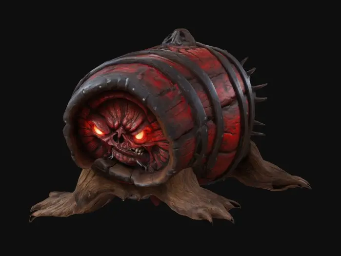 3D model for A monstrous wooden keg with twisted, gnarled planks resembling sinewy muscles, the wood dark and scarred with glowing red cracks that pulse faintly like veins. The metal bands are jagged and spiked, appearing as if they were forged from blackened iron. Sharp teeth surround the spigot, which resembles a snarling maw, dripping with an unknown liquid. The keg has clawed feet, gripping the ground, and small glowing eyes embedded into the wood, giving it a menacing, almost alive appearance.