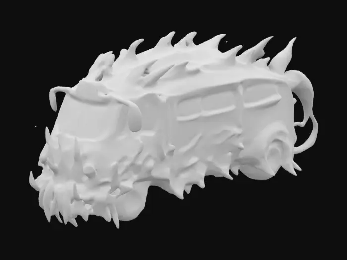 3D model for A monstrous bus with a twisted, organic frame that seems alive. The exterior is dark and jagged, with glowing red veins running along its body. Sharp, claw-like metal protrusions extend from the wheels and front grille, resembling fangs. The windows are uneven, glowing faintly with eerie green light, and shadowy forms seem to move inside. The exhaust pipes curve upwards like horns, spewing glowing mist. The back of the bus has a tail-like extension, completing its menacing, beast-like appearance