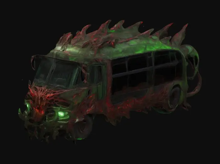 3D model for A monstrous bus with a twisted, organic frame that seems alive. The exterior is dark and jagged, with glowing red veins running along its body. Sharp, claw-like metal protrusions extend from the wheels and front grille, resembling fangs. The windows are uneven, glowing faintly with eerie green light, and shadowy forms seem to move inside. The exhaust pipes curve upwards like horns, spewing glowing mist. The back of the bus has a tail-like extension, completing its menacing, beast-like appearance
